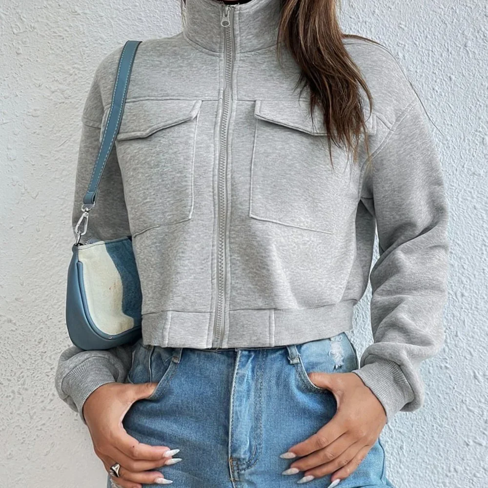 Grey Casual Womens Solid Zip Up Drop Shoulder Sweatshirt - Picture 4 of 5